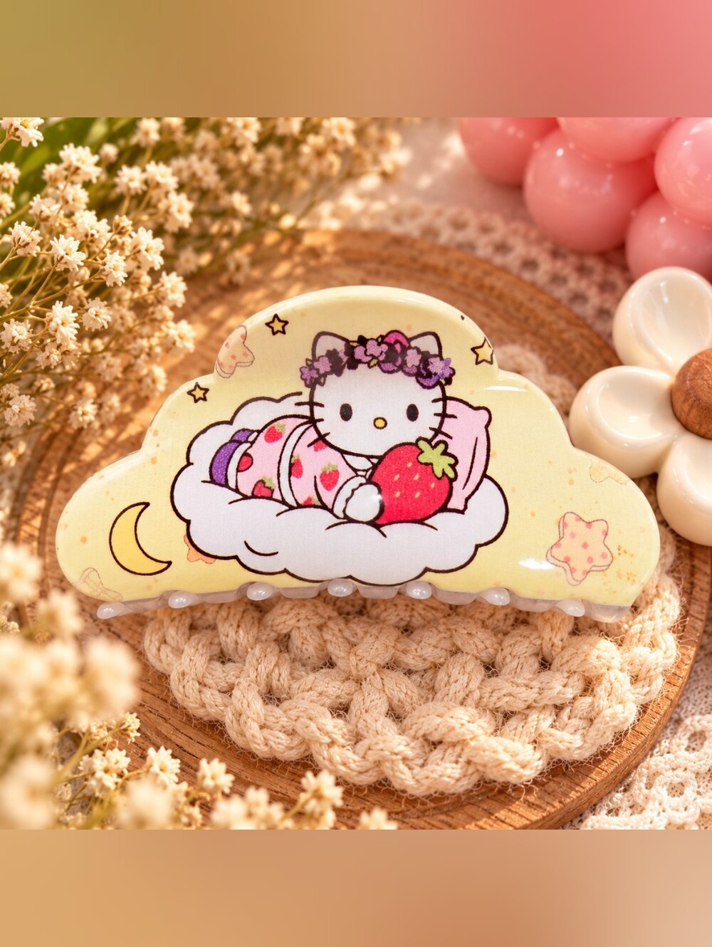 Hello Kitty Pastel Yellow Cloud Hair Clip with Pink & Red Accents